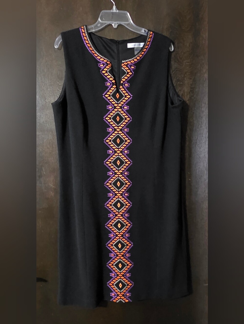 Peter Nygard Sleeveless Black Textured Sheath Dress Embroidered Women's Size 16